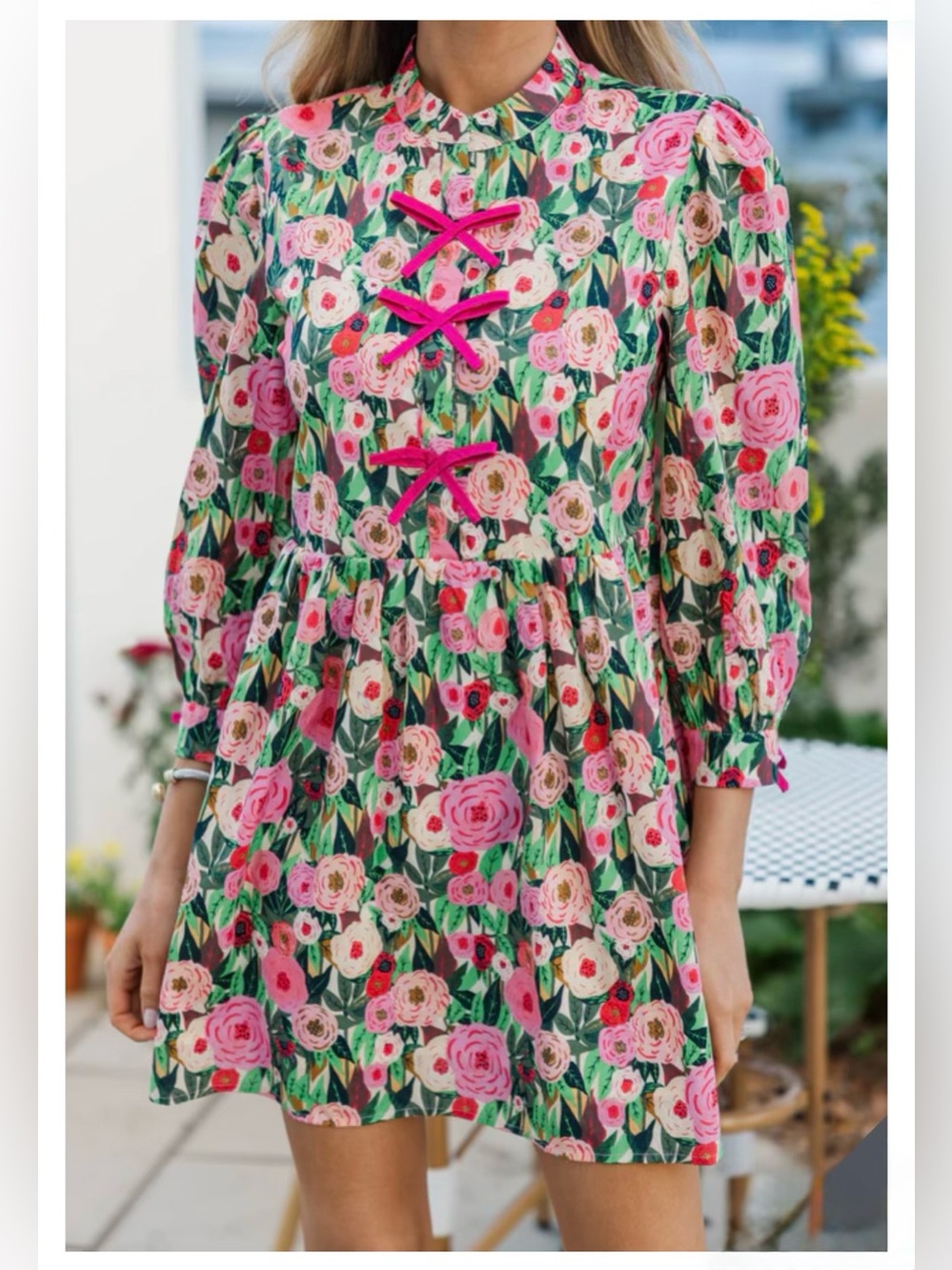 Shop The Mint Floral Bow Front Mini Dress Pink, Green, Yellow Small 3/4 Sleeves - Picture 4 of 13